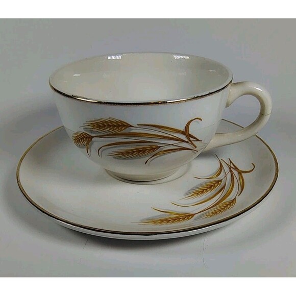 Vtg Homer Laughlin Golden Wheat Cup and Saucer Set 50's Cream 22K Gold Trim - Picture 1 of 10